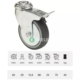   BDPE 0505 1001, Forgó-fékes kerék, 50 mm, 40 kg teherbírás, furatos felfogatás