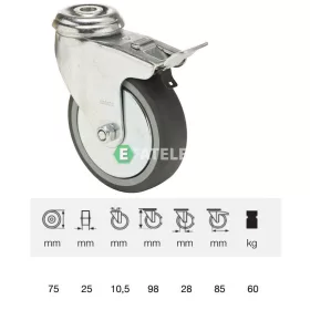   BDPE 0755 1001, Forgó-fékes kerék, 75 mm, 60 kg teherbírás, furatos felfogatás