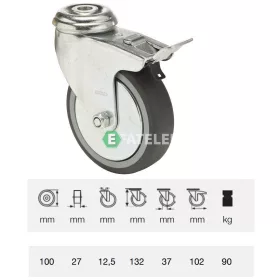   BDPE 1005 1001, Forgó-fékes kerék, 100 mm, 90 kg teherbírás, furatos felfogatás