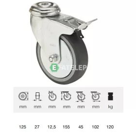   BDPE 1255 1001, Forgó-fékes kerék, 125 mm, 120 kg teherbírás, furatos felfogatás