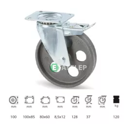   BLCN 1002 1000, Forgó-fékes kerék, horganyzott villába szerelve, Öntöttvas kerék, magas hőállósággal, 100 mm, 120 kg teherbírás, +500 Celsius
