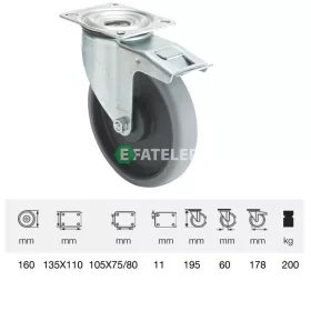   BPPE 1603 5100, Forgó-fékes kerék, horganyzott villába szerelve, prémium ECOFORMA tömörgumi futófelület, 160 mm, 200 kg teherbírás, talpas felfogatás