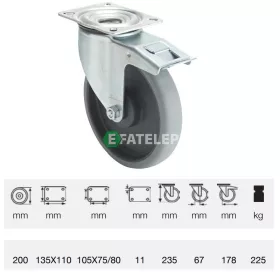   BPPE 2003 5100, Forgó-fékes kerék, horganyzott villába szerelve, prémium ECOFORMA tömörgumi futófelület, 200 mm, 225 kg teherbírás, talpas felfogatás