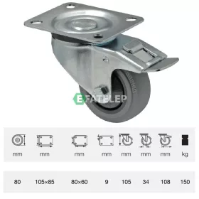   BPPF 0801 5100, Forgó-fékes kerék, horganyzott villába szerelve, prémium PERFORMA tömörgumi futófelület, 80 mm, 150 kg teherbírás, talpas felfogatás