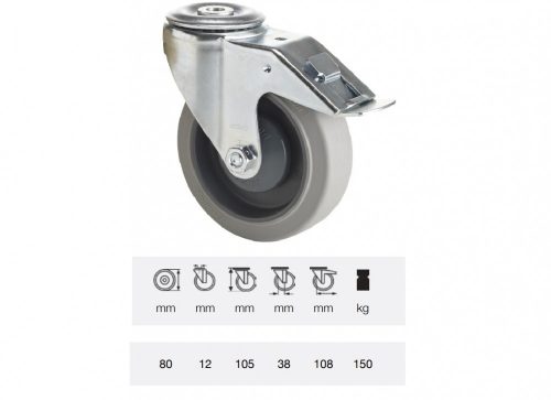 Colson - BPPF 0805 5100, Forgó-fékes kerék, horganyzott villába szerelve, prémium PERFORMA tömörgumi futófelület, 80 mm, 150 kg teherbírás, furatos felfogatás