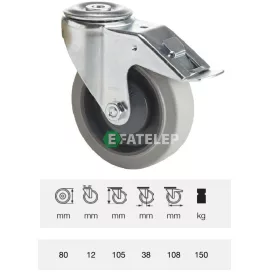   BPPF 0805 5100, Forgó-fékes kerék, horganyzott villába szerelve, prémium PERFORMA tömörgumi futófelület, 80 mm, 150 kg teherbírás, furatos felfogatás