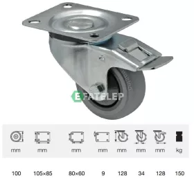   BPPF 1001 5100, Forgó-fékes kerék, horganyzott villába szerelve, prémium PERFORMA tömörgumi futófelület, 100 mm, 150 kg teherbírás, talpas felfogatás
