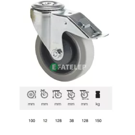   BPPF 1005 5100, Forgó-fékes kerék, horganyzott villába szerelve, prémium PERFORMA tömörgumi futófelület, 100 mm, 150 kg teherbírás, furatos felfogatás