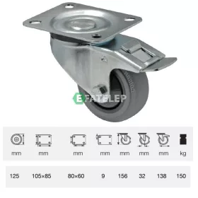   BPPF 1251 5100, Forgó-fékes kerék, horganyzott villába szerelve, prémium PERFORMA tömörgumi futófelület, 125 mm, 150 kg teherbírás, talpas felfogatás