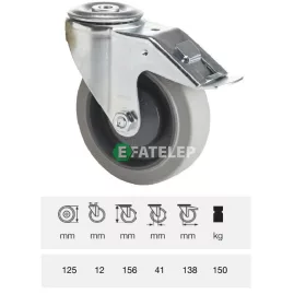   BPPF 1255 5100, Forgó-fékes kerék, horganyzott villába szerelve, prémium PERFORMA tömörgumi futófelület, 125 mm, 150 kg teherbírás, furatos felfogatás