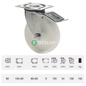   BPPN 0801 1100, Forgó-Fékes kerék, (poliamid) műanyag futófelület, horganyzott villába szerelve, 80 mm, 150 kg teherbírás, talpas felfogatás