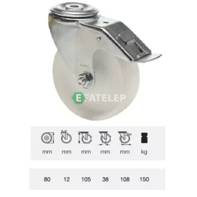   BPPN 0805 1100, Forgó-Fékes kerék, (poliamid) műanyag futófelület, horganyzott villába szerelve, 80 mm, 150 kg teherbírás, furatos felfogatás