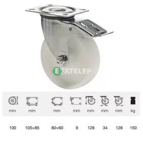   BPPN 1001 1100, Forgó-Fékes kerék, (poliamid) műanyag futófelület, horganyzott villába szerelve, 100 mm, 150 kg teherbírás, talpas felfogatás