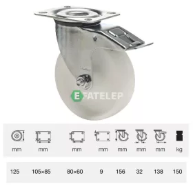   BPPN 1251 1100, Forgó-Fékes kerék, (poliamid) műanyag futófelület, horganyzott villába szerelve, 125 mm, 150 kg teherbírás, talpas felfogatás