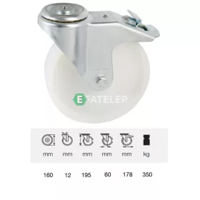   BPPN 1607 1100, Forgó-Fékes kerék, (poliamid) műanyag futófelület, horganyzott villába szerelve, 160 mm, 350 kg teherbírás, furatos felfogatás