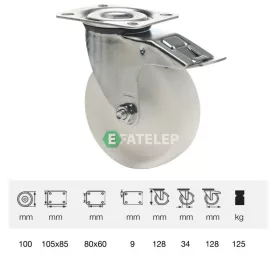   BPPP 1001 1100, Forgó-Fékes kerék, (polipropilén) műanyag futófelület, horganyzott villába szerelve, 100 mm, 150 kg teherbírás, talpas felfogatás