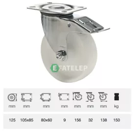   BPPP 1251 1100, Forgó-Fékes kerék, (polipropilén) műanyag futófelület, horganyzott villába szerelve, 125 mm, 150 kg teherbírás, talpas felfogatás
