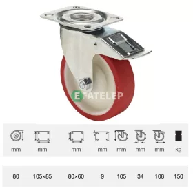   BPPU 0801 5100, Forgó-fékes kerék, Poluretán futófelülettel, horganyzott villába szerelve, 80 mm, 150 kg teherbírás, talpas felfogatás