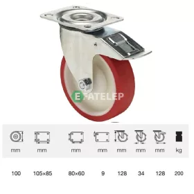   BPPU 1001 5100, Forgó-fékes kerék, Poluretán futófelülettel, horganyzott villába szerelve, 100 mm, 150 kg teherbírás, talpas felfogatás