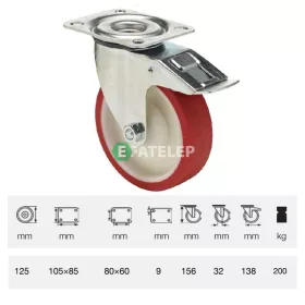   BPPU 1251 5100, Forgó-fékes kerék, Poluretán futófelülettel, horganyzott villába szerelve, 125 mm, 150 kg teherbírás, talpas felfogatás