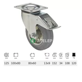   BPSG 1251 2100 L, Forgó-Fékes kerék, szürke (nyommentes) gumi futófelület, 125 mm, 120 kg teherbírás, talpas felfogatás