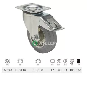   BPSG 1603 2100 W, Forgó-Fékes kerék, szürke (nyommentes) gumi futófelület, 160 mm, 160 kg teherbírás, talpas felfogatás