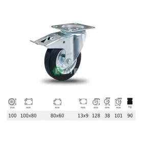   BPSM 1001 2100 L, Forgó-Fékes kerék, fekete gumi futófelület, 100 mm, 90 kg teherbírás, talpas felfogatás