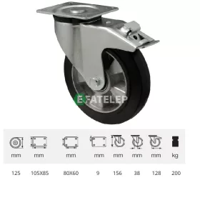   BTAB 1252 6150, Forgó-fékes kerék, horganyzott villába szerelve, fekete tömörgumi futófelülettel, 125 mm, 200 kg, talpas felfogatás