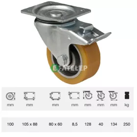   BTAU 1002 6150, Forgó-Fékes kerék, Poluretán futófelülettel, horganyzott villába szerelve, 100 mm, 250 kg teherbírás, talpas felfogatás