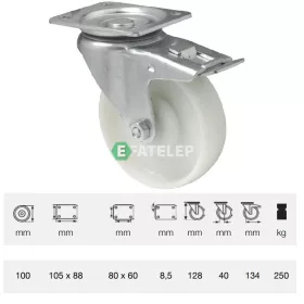   BTPN 1002 5100, Forgó-Fékes kerék, (poliamid) műanyag futófelület, horganyzott villába szerelve, 100 mm, 250 kg teherbírás, talpas felfogatás