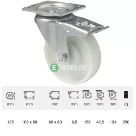   BTPN 1252 5100, Forgó-Fékes kerék, (poliamid) műanyag futófelület, horganyzott villába szerelve, 125 mm, 250 kg teherbírás, talpas felfogatás