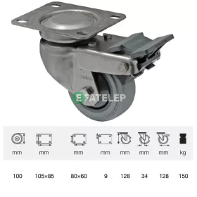  BXPF 1001 7100, Forgó-fékes kerék, rozsdamentes villába szerelve, prémium PERFORMA tömörgumi futófelület, 100 mm, 150 kg teherbírás, talpas felfogatás