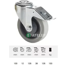   BXPF 1005 7000, Forgó-fékes kerék, rozsdamentes villába szerelve, prémium PERFORMA tömörgumi futófelület, 100 mm, 150 kg teherbírás, furatos felfogatás