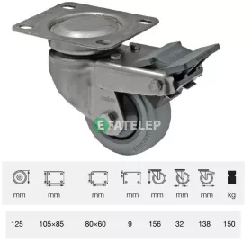   BXPF 1251 7100, Forgó-fékes kerék, rozsdamentes villába szerelve, prémium PERFORMA tömörgumi futófelület, 125 mm, 150 kg teherbírás, talpas felfogatás