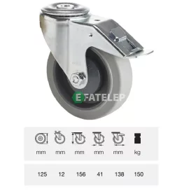   BXPF 1255 7000, Forgó-fékes kerék, rozsdamentes villába szerelve, prémium PERFORMA tömörgumi futófelület, 125 mm, 150 kg teherbírás, furatos felfogatás