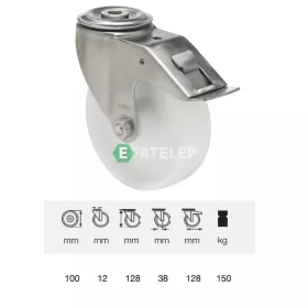   BXPN 1005 1000, Forgó-fékes kerék, (poliamid) műanyag futófelület, rozsdamentes villába szerelve, 100 mm, 150 kg teherbírás, furatos felfogatás