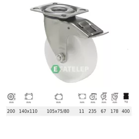  BXPN 2003 1100, Forgó-fékes kerék, (poliamid) műanyag futófelület, rozsdamentes villába szerelve, 200 mm, 400 kg teherbírás, talpas felfogatás