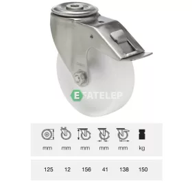   BXPP 1255 1000, Forgó-fékes kerék, (polipropilén) műanyag futófelület, rozsdamentes villába szerelve, 125 mm, 180 kg teherbírás, furatos felfogatás