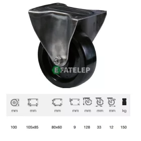   FLFL 1001 1000, Hőálló (+280oC-ig) Fix kerék, horganyzott villába szerelve, fenolgyantával kevert futófelület, 100 mm, 150 kg teherbírás, talpas felfogatás