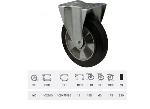 Colson - FPAB 1603 6150, FIx kerék, horganyzott villába szerelve, fekete tömörgumi futófelülettel, 160 mm, 350 kg, talpas felfogatás