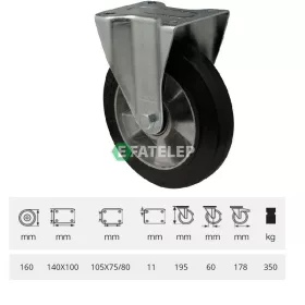   FPAB 1603 6150, FIx kerék, horganyzott villába szerelve, fekete tömörgumi futófelülettel, 160 mm, 350 kg, talpas felfogatás
