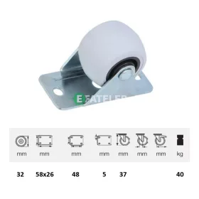   FPG 032 bútorgörgő, fix kerék, 32 mm, 40 kg teherbírás, két ponton rögzíthető talpas felfogatás 