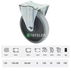   FPPE 1251 5000, Fix kerék, horganyzott villába szerelve, prémium ECOFORMA tömörgumi futófelület, 125 mm, 150 kg teherbírás, talpas felfogatás