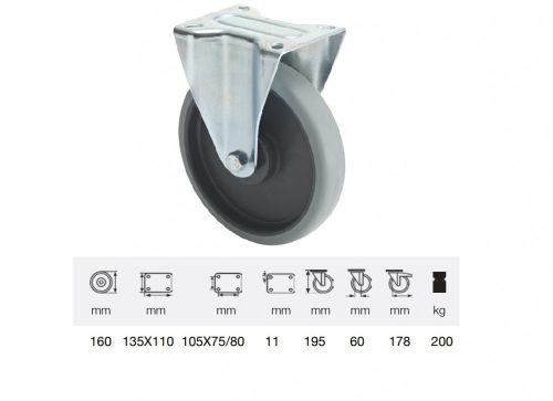 Colson - FPPE 1603 5000, Fix kerék, horganyzott villába szerelve, prémium ECOFORMA tömörgumi futófelület, 160 mm, 200 kg teherbírás, talpas felfogatás