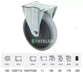   FPPE 1603 5000, Fix kerék, horganyzott villába szerelve, prémium ECOFORMA tömörgumi futófelület, 160 mm, 200 kg teherbírás, talpas felfogatás