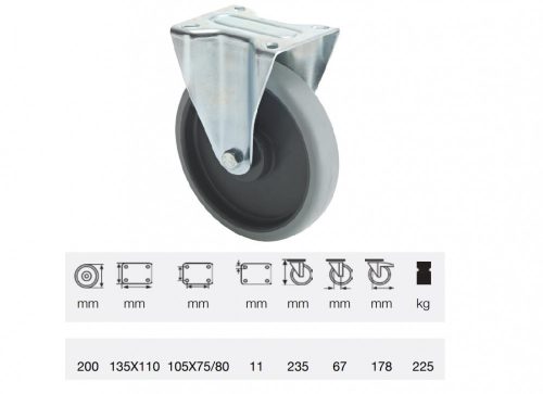 Colson - FPPE 2003 5000, Fix kerék, horganyzott villába szerelve, prémium ECOFORMA tömörgumi futófelület, 200 mm, 225 kg teherbírás, talpas felfogatás
