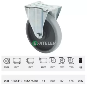   FPPE 2003 5000, Fix kerék, horganyzott villába szerelve, prémium ECOFORMA tömörgumi futófelület, 200 mm, 225 kg teherbírás, talpas felfogatás