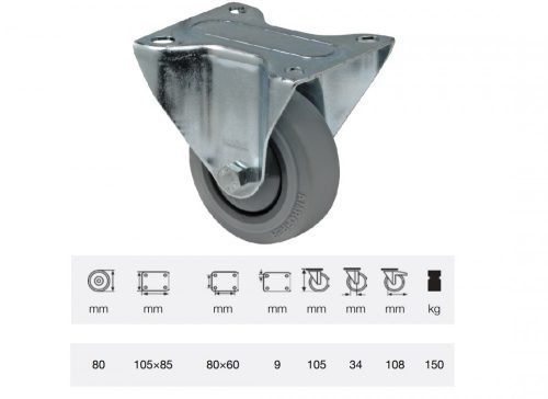 Colson - FPPF 0801 5000, Fix kerék, horganyzott villába szerelve, prémium PERFORMA tömörgumi futófelület, 80 mm, 150 kg teherbírás, talpas felfogatás