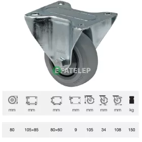   FPPF 0801 5000, Fix kerék, horganyzott villába szerelve, prémium PERFORMA tömörgumi futófelület, 80 mm, 150 kg teherbírás, talpas felfogatás