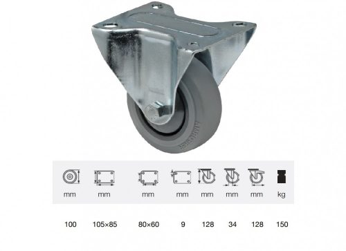 Colson - FPPF 1001 5000, Fix kerék, horganyzott villába szerelve, prémium PERFORMA tömörgumi futófelület, 100 mm, 150 kg teherbírás, talpas felfogatás